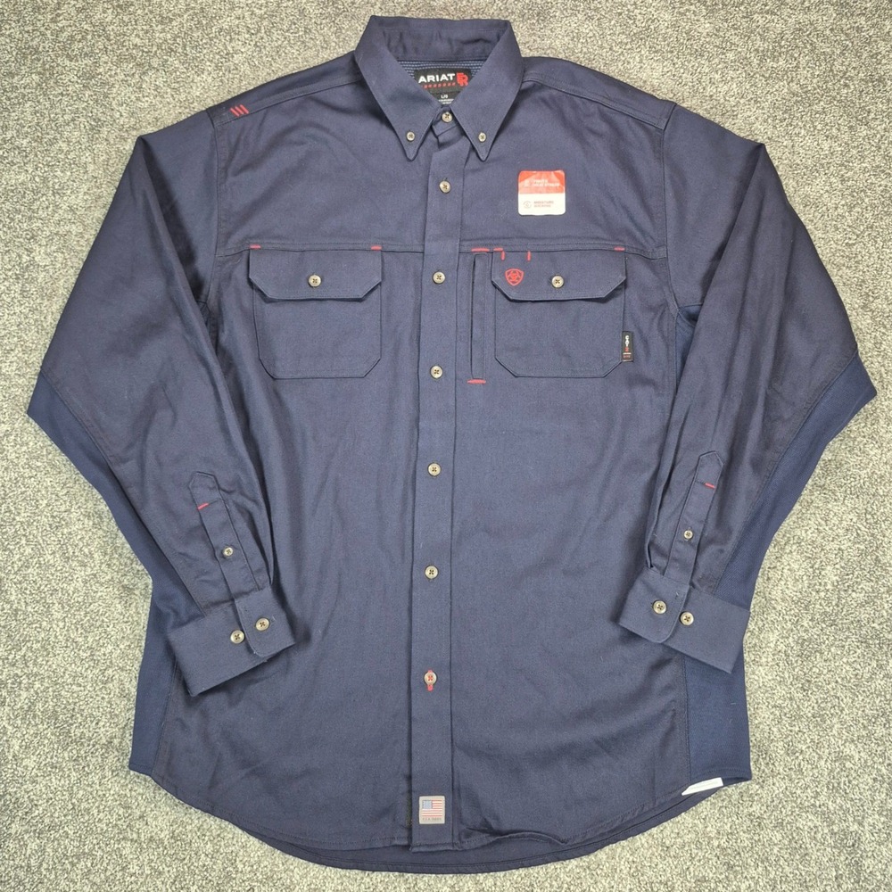 NWT Ariat FR Work Shirt Mens Large Navy Blue Flame Resistant CAT 2 Button Down